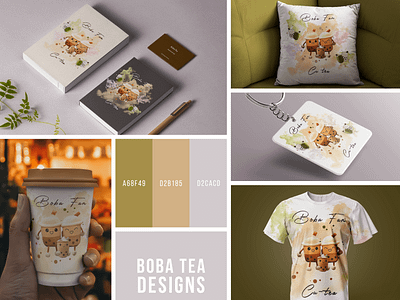 Cozy Boba Tea-Themed Design boba tea branding branding design coffee cup design customized design design graphic design keychain notebook design pillow cover social media kit stationary stationary design t shirt themed design