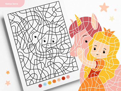 Cute princess and unicorn, color by number game for children activity adobe illustrator book cartoon character children color by number coloring cute fairytale for kids girl illustration page pony princess unicorn vector
