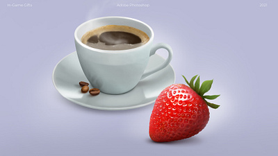 Gift cards for mobile game. Cup of coffee and strawberry 2d art cgi design digital art graphic design illustration mobile object palette ui