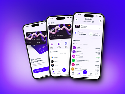 Mobile Banking App app banking blue design graphics interface ios iphone mobileapp mockup portfolio product design purple research typography ui uiux ux visual design white