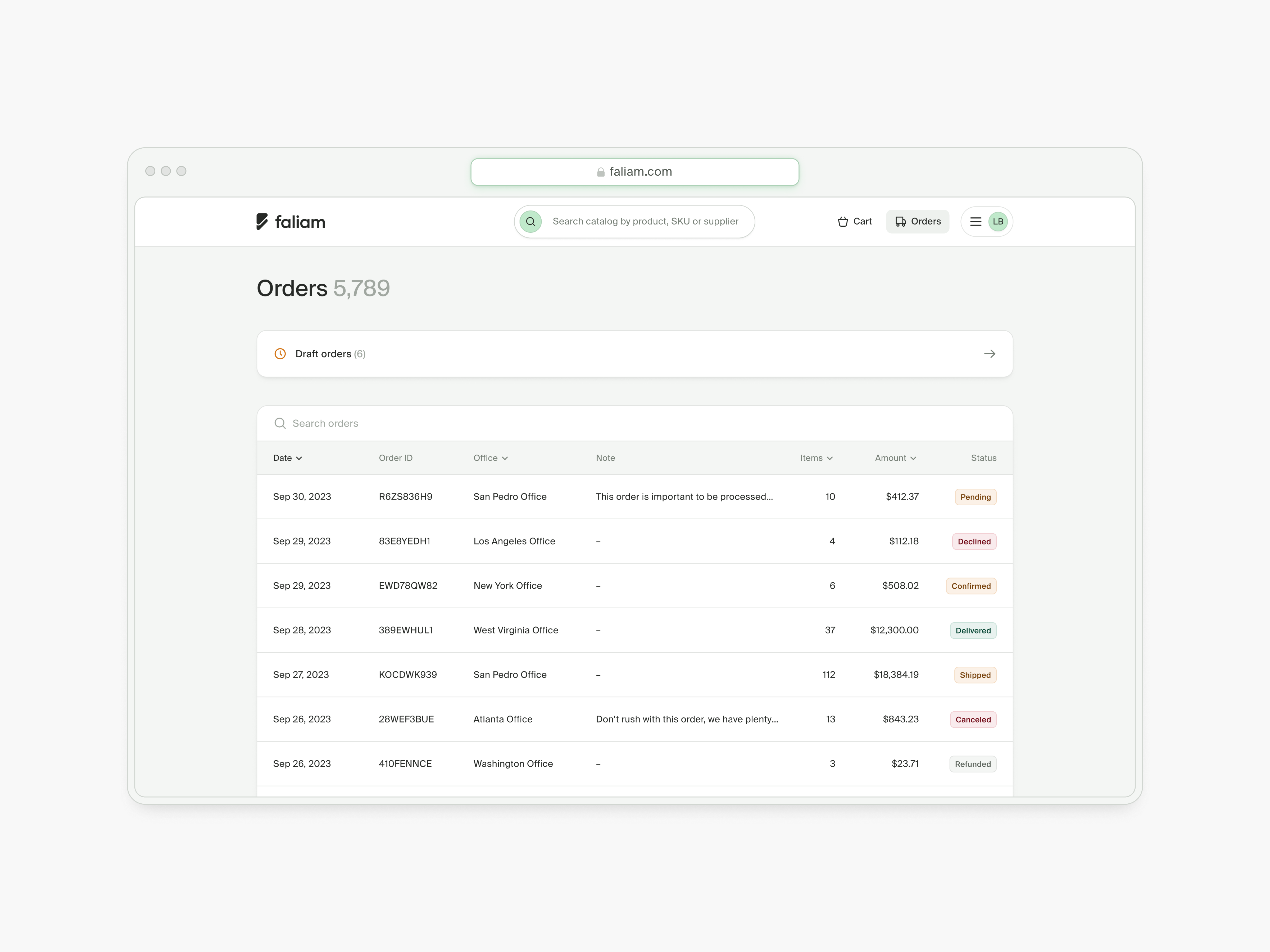 Faliam – Orders, invoices & reports analytics app b2b box cards clean components dashboard design direction fintech healthcare invoices minimal modern orders saas ui ux web app