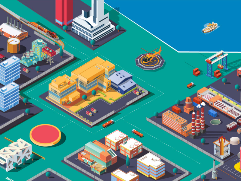 Commercial Factory Area 2d animation adobe after effects animation buildings chimney commercial corporate dock factory helecopter helepad illustration illustrator motion design motion graphics sector ship smoke transport