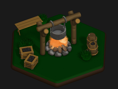 1. 3D Campfire - Isometric Design 3d 3d art 3d modeling animation barrels beginner 3d art campfire campfire pot coal crates cozy scene digital art digital illustration game design graphic design isometric learning journey nature outdoor scene relaxing scene wooden bench