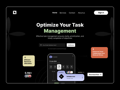 Task Management Landing Page black branding clean dark header hero section interface landing page minimal task management ui user interface ux uxui web web design web expert web interface web page website