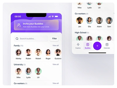 Buddybook.app | Buddies app application contact explore friend home page illustration invite friend menu minimal mobile mobile app navigation search trend ui users