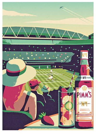 Pimms x Wimbledon british drink illustration match pimms scene sport summer sunny tennis vintage wimbledon
