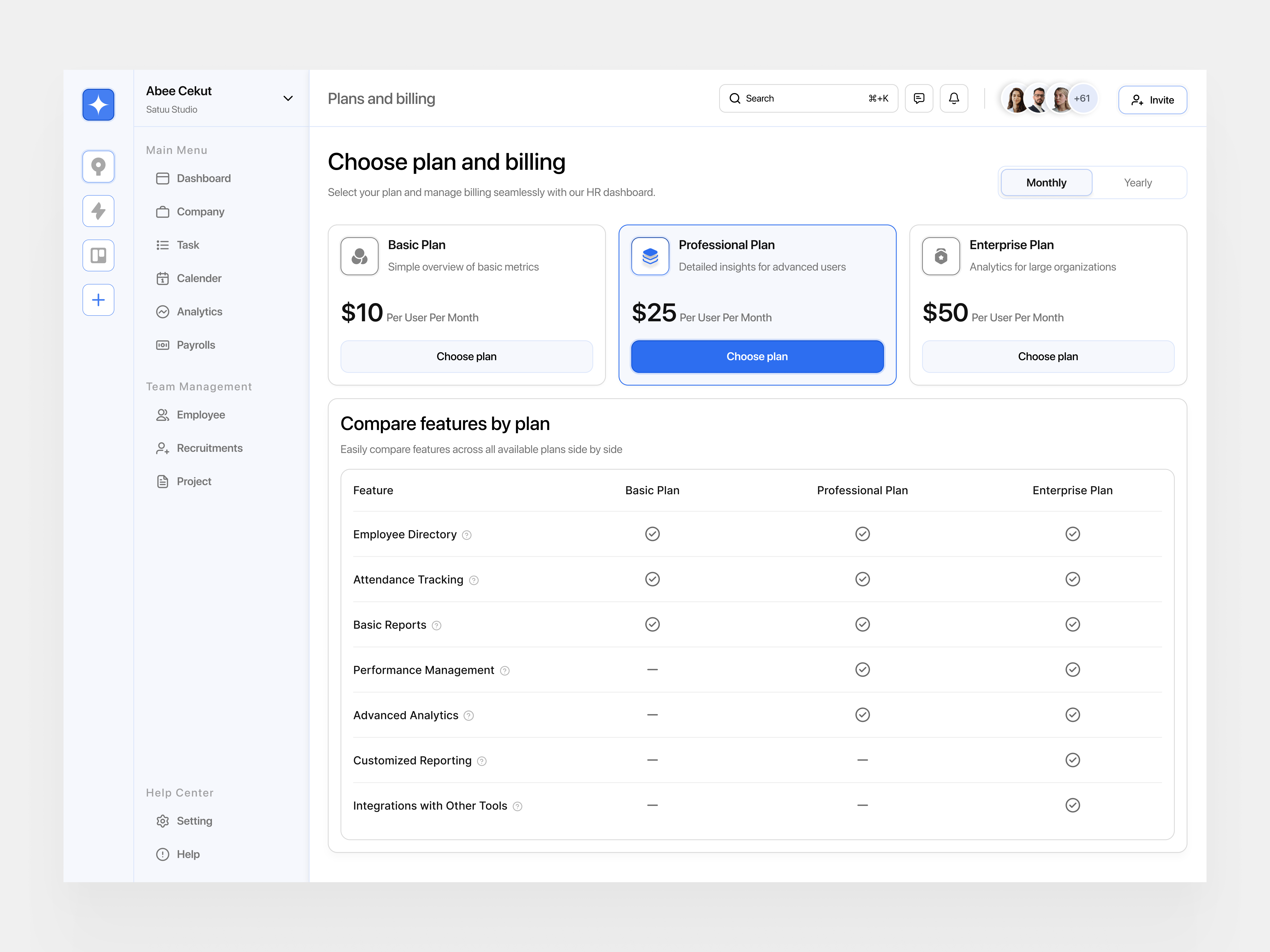 Plans and billing - HR Dashboard billing company profile dahboard design hr management landing page minimalist modern people plan plan and billing pricing dashboard product design saas product ui ui design web design