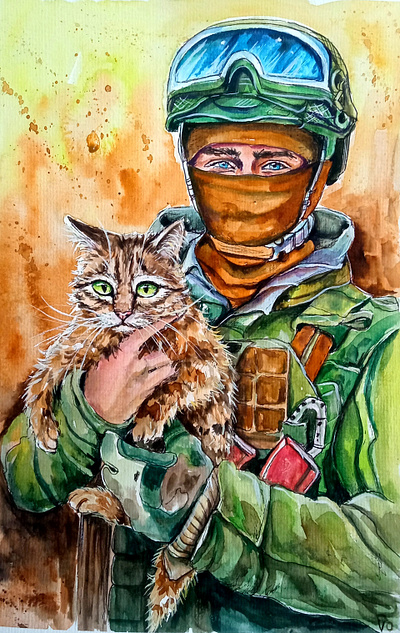 Ukrainian Soldier with Ginger Cat - Original Watercolor Painting art cat hand painted paint painting pet soldier ukraine war