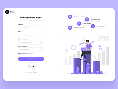 FinSet - sign up screen dashboard finance finance management finset fintech illustration log in money mansgement purple registration sign up ui ux violet web app web service