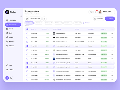 FinSet - transactions activity dashboard filter finance finance management fintech income management purple spendings table ui transactions ui uxui web app web service