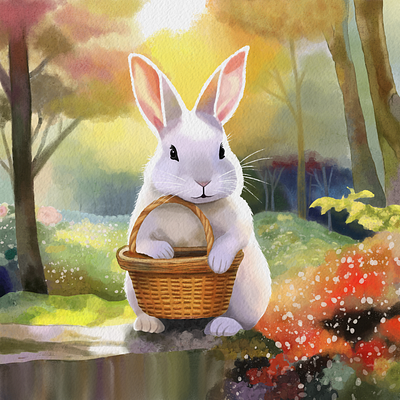 white rabbit with a basket in the forest art autumn basket digital painting drawing fairytale flowers forest illustration painting procreate rabbit sunlight sunset watercolour white rabbit