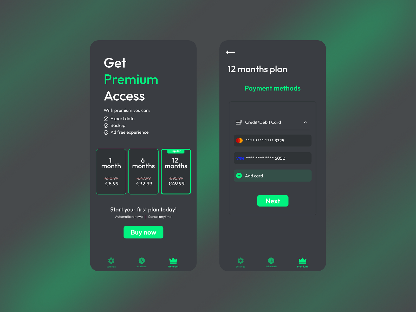 Premium subscription - UI mobile dashboard by Adriana Ch on Dribbble