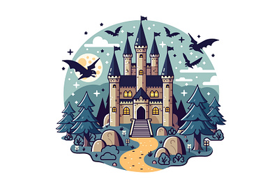 Castle with dragons cartoon castle dragon fantasy fiction fort fortress illustration landscape monster mythical vector