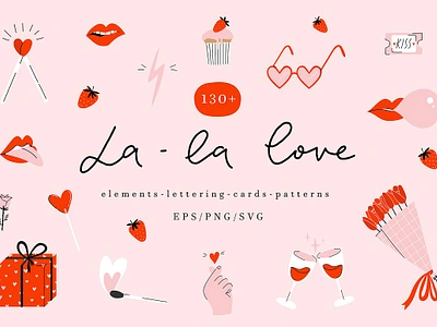 La la love - cute Valentines day set be my valentine beautiful card clip art collection colorful couple elements illustration lettering lips modern seamless sexy tongue valentine valentines day