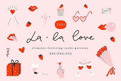 La la love - cute Valentines day set be my valentine beautiful card clip art collection colorful couple elements illustration lettering lips modern seamless sexy tongue valentine valentines day