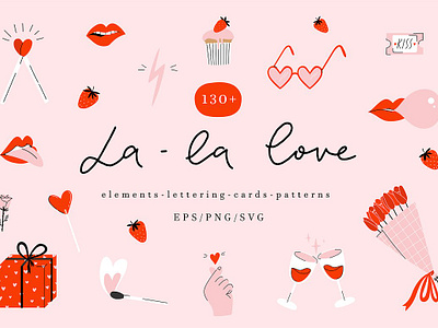 La la love - cute Valentines day set be my valentine beautiful card clip art collection colorful couple elements illustration lettering lips modern seamless sexy tongue valentine valentines day