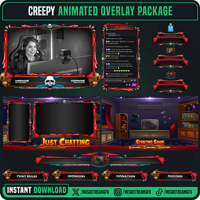 Creepy Stream Overlay Package | Horror Twitch Overlay spooky screen theme