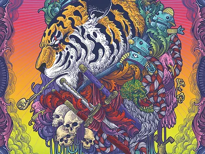 Tiger Head Surrealism animal apparel design borders decorative engraving floral hand drawn japanese line art merchandise design pop color poster design skull sword tiger tiger head tony midi wolfordeer