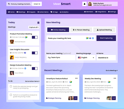 Meeting AI Dashboard UI Design ai artificial intelligence dashboard design interface interface design meeting dashboard meeting tool ui ui design user interface web design