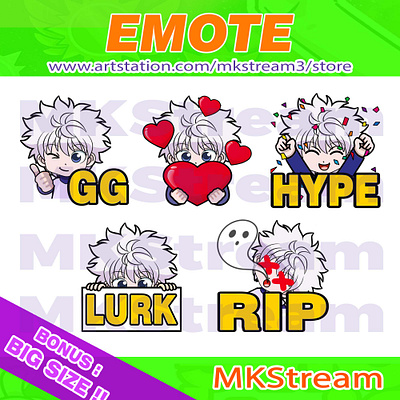 Emotes hunter x hunter killua rip, gg, lurk, love & hype pack animated emotes anime cute design emote emotes gon h x h hunter x hunter hxh hype illustration killua killua emotes kilua love lurk rip sub badge twitch emotes