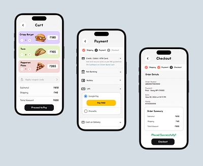 Cart and Payment UI anuja cart cart and payment cart page design figma figma design food app mobile design mobileapp online food order app online order payment payment page ui uiux ux