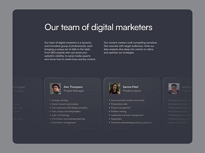 Team & About Page for Digital Marketing Agency about agency black dark gray dark mode design digital gray marketers marketing people seo skills team ui ux web web design website