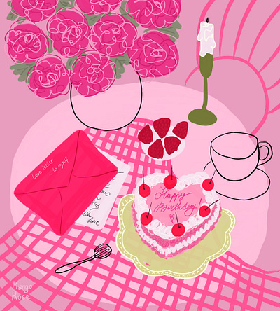 happy birthday advertising advertisingillustration birthday brand identity branding cake card celebration concept art cute editorial illustration love letter magazine pink still life