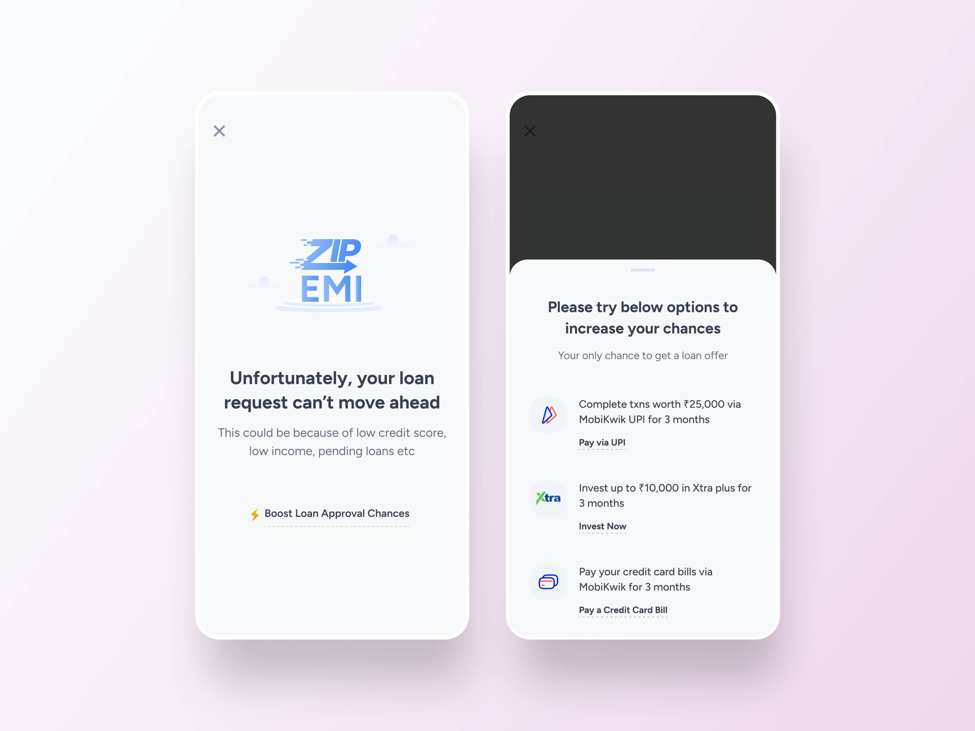 ZIP EMI Rejection screen design inspiration dribbble indian app lending product mobikwik mobikwik design rejection screen ui design user experience ux design zip emi