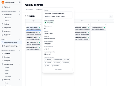 Quality Controls Calendar - Weekly View with order popover blue calendar design fashion app figma minimal orders popover product design saas ui web weekly view