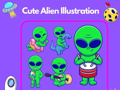 Alien 👽👽🖌️ alienillustration branding cartooncharacter cat cutemascot dinosaur doughnut drum food graphic design greenhumanoid guitar logo monstercreature music spaceman