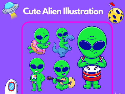 Alien 👽👽🖌️ alienillustration branding cartooncharacter cat cutemascot dinosaur doughnut drum food graphic design greenhumanoid guitar logo monstercreature music spaceman