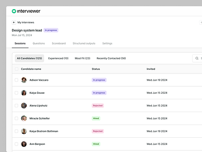 Interviewer - List of candidates UX & UI admin panel candidate dashboard candidates candidates panel enterprise look filters hiring hr interview interview dashboard interview panel interviews list of list of candidate list of candidates list of interviews manage candidates product design recruitment table