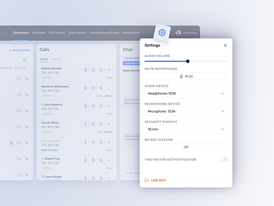 Healthcare Communications | Settings modal appdesign audio and microphone settings dailyui design health communication healthcare log out medical popup settings settings modal uidesign userexperience userinterface uxdesign