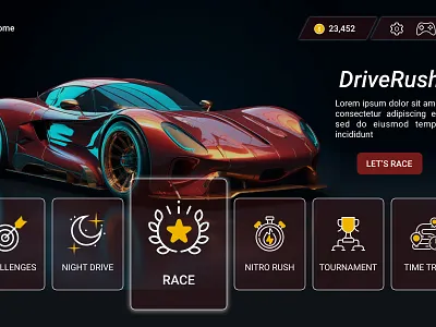 Gaming App: Mode Selection Screen app application cargame colors design games gamingapps graphic design icons illustration layout exploration mode racing selection sports ui