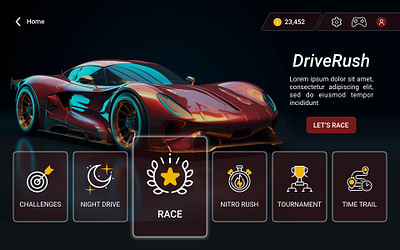 Gaming App: Mode Selection Screen app application cargame colors design games gamingapps graphic design icons illustration layout exploration mode racing selection sports ui