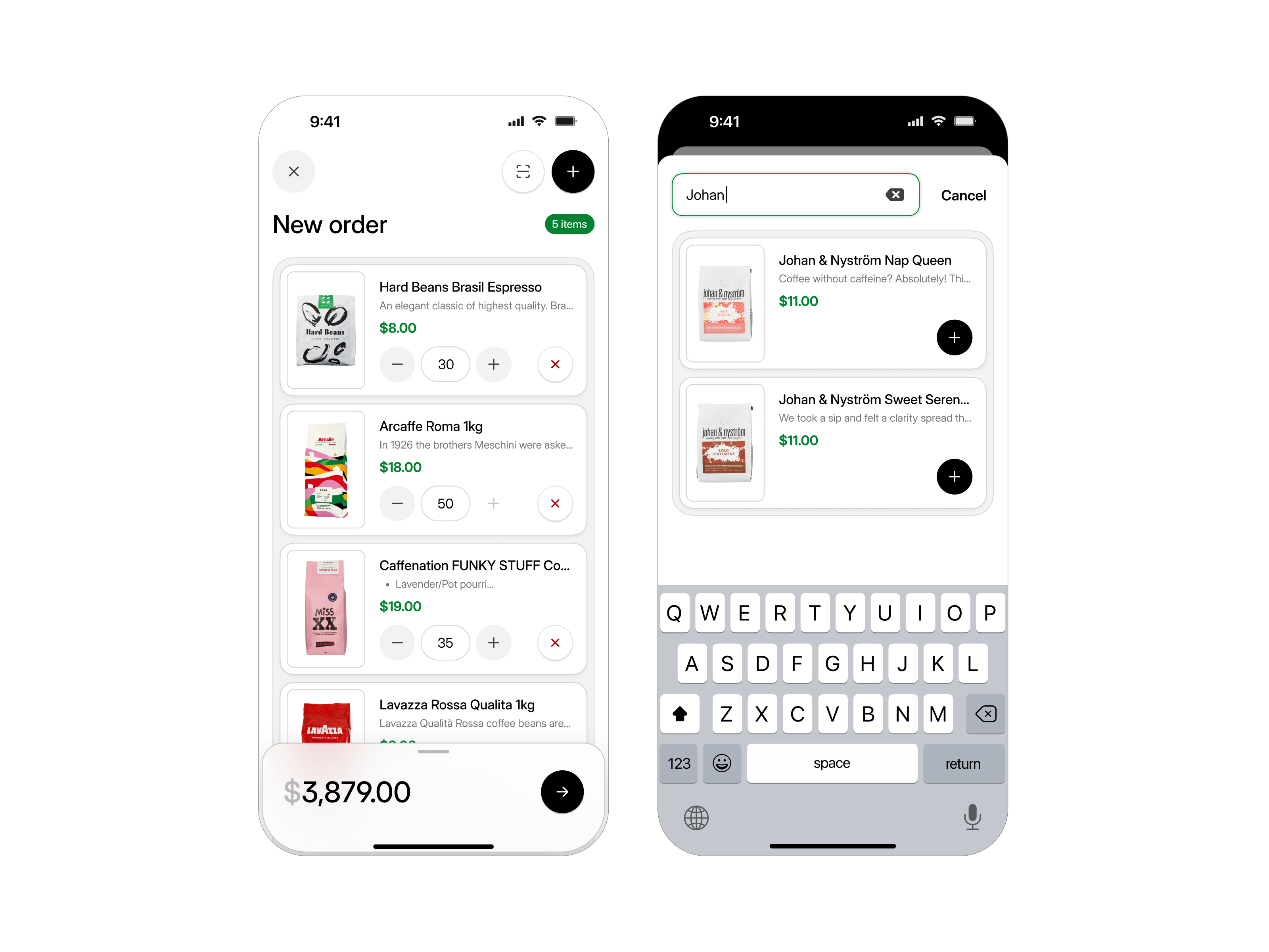 Inventory app: New order cart coffee shop inventory mobile shopping store ui warehouse