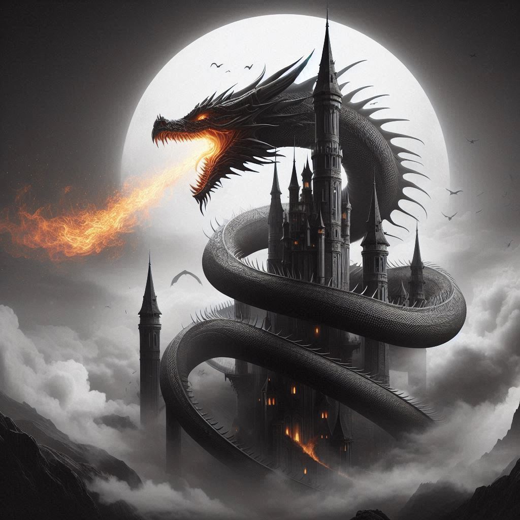 Dragon wraps around a castle in Noir style ai art ai generated castle concept art creative ai digital illustration dragon generative design illustration innovative art modern design neural networks noir style