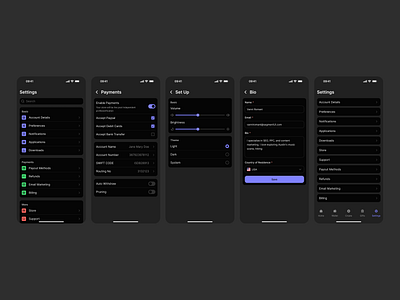 Settings Page - Dark android cards clean dark design system figma ios minimal mobile remix settings slider toggle ui ui kit