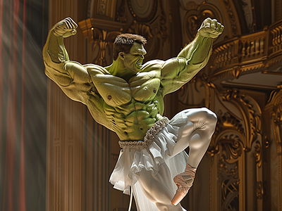 Hulk's life ai art ai generated ai portraits ballet concept art creative ai digital illustration elder hulk generative design gentle giant golden years hulk imagination art innovative art modern design neural networks peaceful retirement performance superhero life theatre