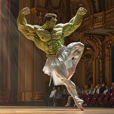 Hulk's life ai art ai generated ai portraits ballet concept art creative ai digital illustration elder hulk generative design gentle giant golden years hulk imagination art innovative art modern design neural networks peaceful retirement performance superhero life theatre