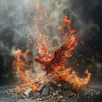 Phoenix is reborn from a pile of ashes from smartphones ai art ai generated concept art creative ai digital illustration fire flame imagination art innovative art modern design neural networks phoenix phoenix bird phoenix rebirth pile of ashes reborn smartphone