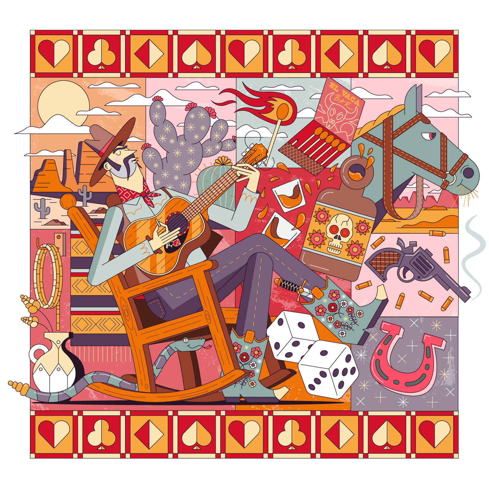 Cowboy Time 2d art cowboy digital art graphic design guitar gunslinger horse illustration rocking chair texas vector vector illustration wild west