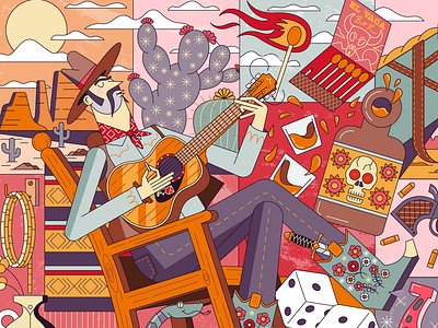 Cowboy Time 2d art cowboy digital art graphic design guitar gunslinger horse illustration rocking chair texas vector vector illustration wild west