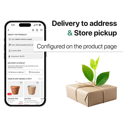 Delivery to address & Store pickup - Ecommerce app design. address delivery delivery to address design system e commerce ecommerce ecommerce app ecommerce app design ecommerce plant app gardening gardening app ios ios app ios design system plant plant app pot product page store pickup ui design