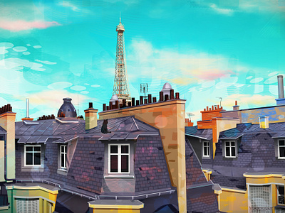 Lazy Day cat city colorful eiffel tower france illustration paris print vector