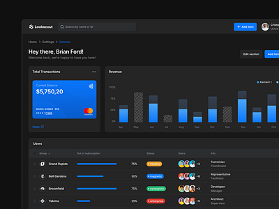 Transactions - Lookscout Design System clean dark dashboard design layout lookscout ui user interface ux web application webapp