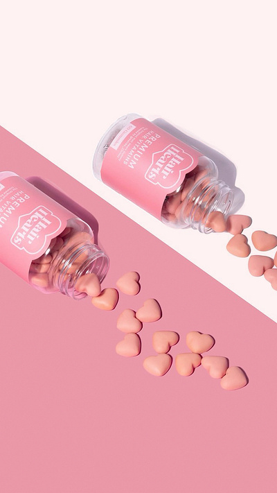 Hair Hearts - Vitamin Hair Gummies Branding & Packaging brand design brand identity brand packaging branding design design agency graphic design illustration label label design logo logo design logos packaging packaging design pink