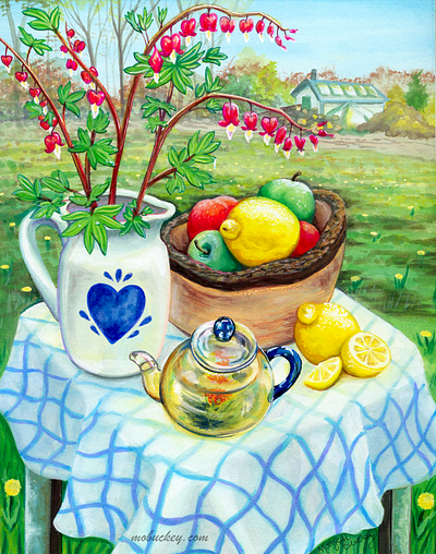 Blooming Tea at the Farm | Gouache Illustration art art print artist artwork commission cottagecore farm flowers freelance fruit gouache illustration illustrator nature paint painter painting still life wall art watercolor