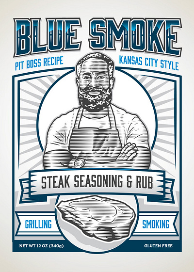 Blue Smoke Steak Seasoning branding design graphic design grilling illu illustration illustrator label logo seasoning smoking steak typography vector