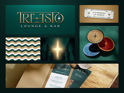 Treesto - Brand Identity for a Lounge & Bar bar branding coaster cream glow gold green logo logomark lounge martini menu serif sophisticated star teal wavy